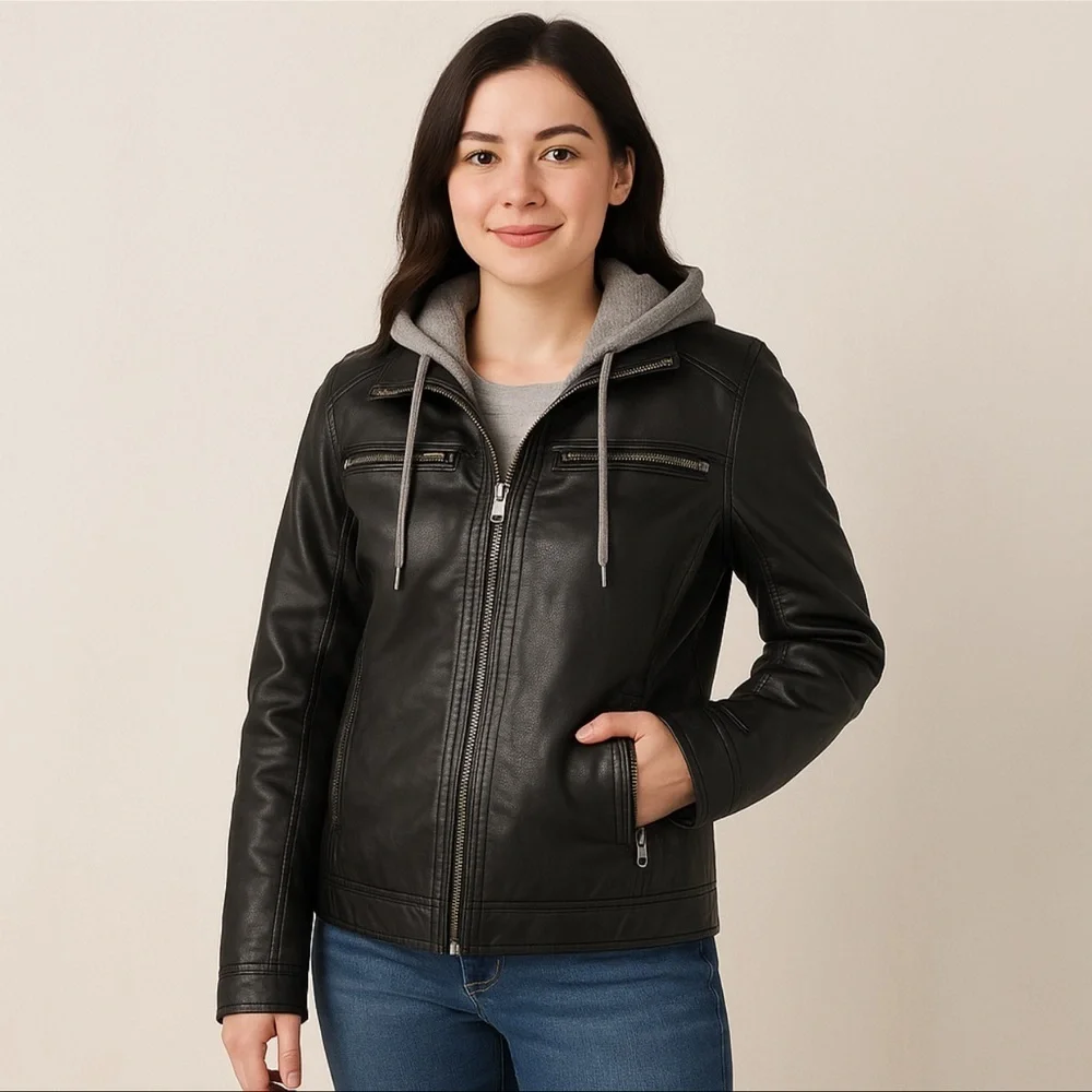 Apt. 9 Faux Leather Jacket with Removable Hoodie Women’s Small Black - Picture 2 of 8